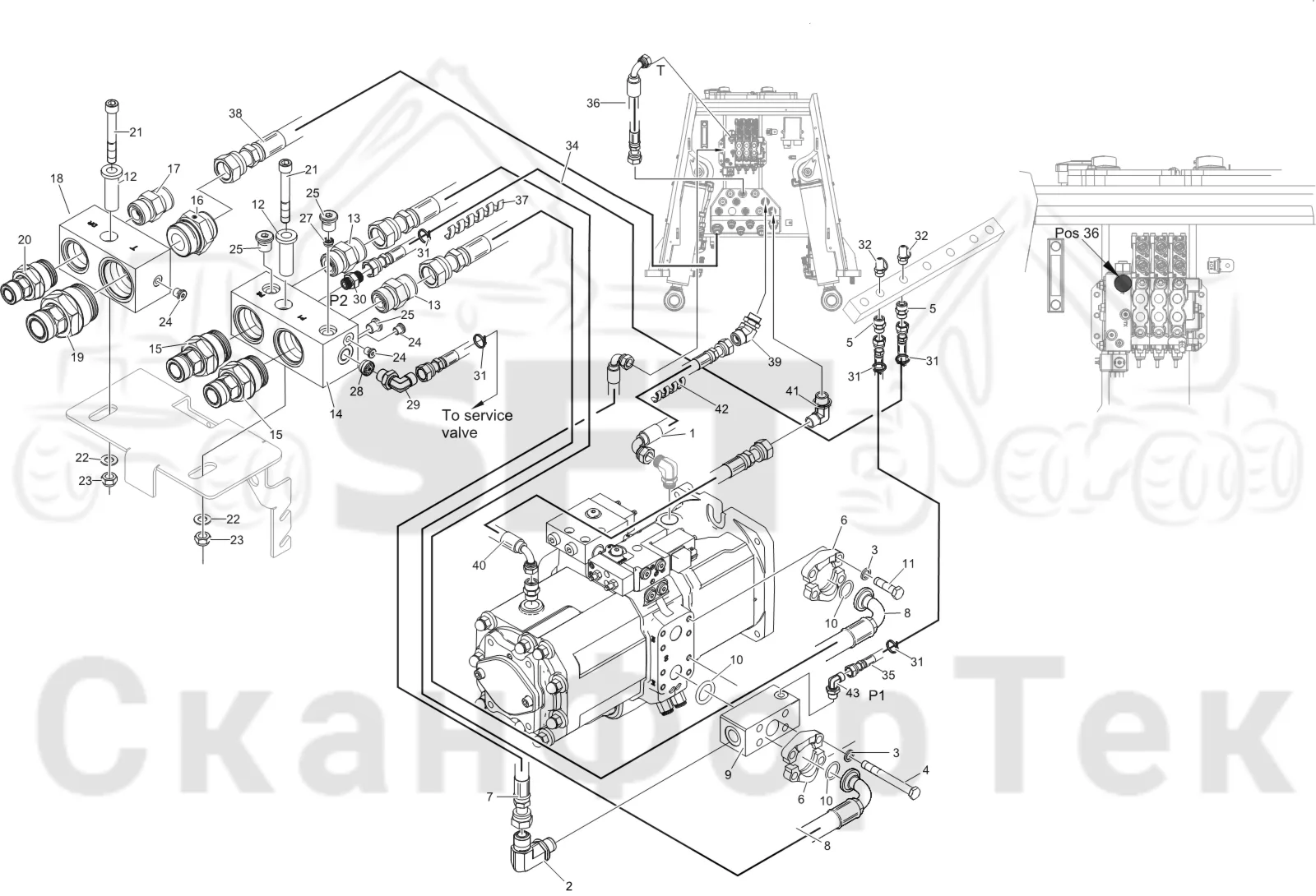 Схема: Komatsu / Лесозаготовительные машины / 951 S/N 9510004367- / Каталог запасных частей / Гидравлика / Клапан подъемного крана / Система впуска-выпуска 9510004483-