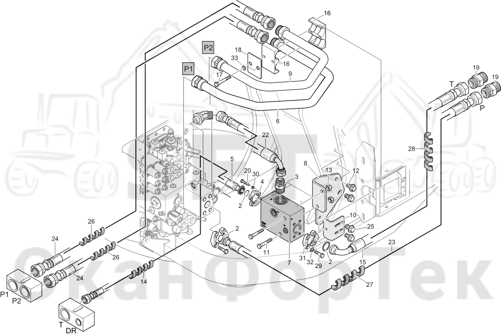 Схема: Komatsu / Лесозаготовительные машины / 951 S/N 9510004367- / Каталог запасных частей / Гидравлика / Клапан подъемного крана / Система впуска-выпуска