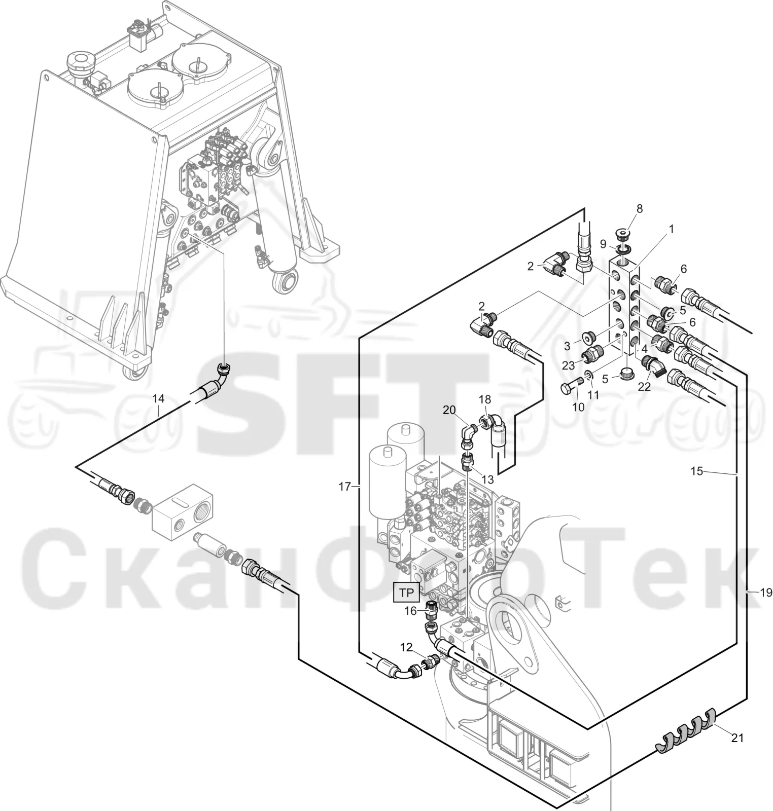 Схема: Komatsu / Лесозаготовительные машины / 951 S/N 9510004367- / Каталог запасных частей / Гидравлика / Клапан подъемного крана / Дренаж