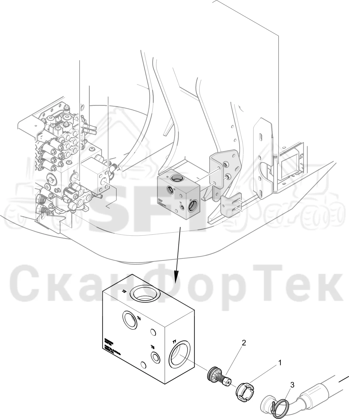 Схема: Komatsu / Лесозаготовительные машины / 931 S/N 9310021067- / Каталог запасных частей / Гидравлика / Клапан подъемного крана / Обратный клапан 0,2 МПа