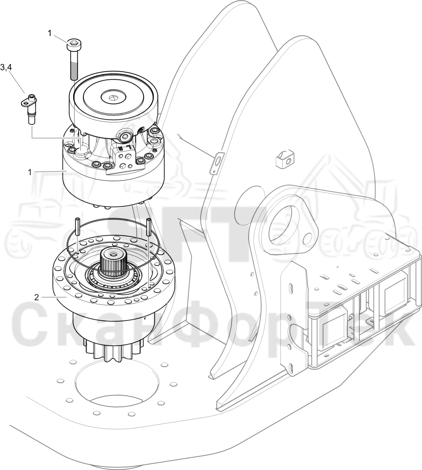 Схема: Komatsu / Лесозаготовительные машины / 951 S/N 9510004367- / Каталог запасных частей / Подъемный кран 270H / Поворотное оборудование кабины / Поворотный механизм