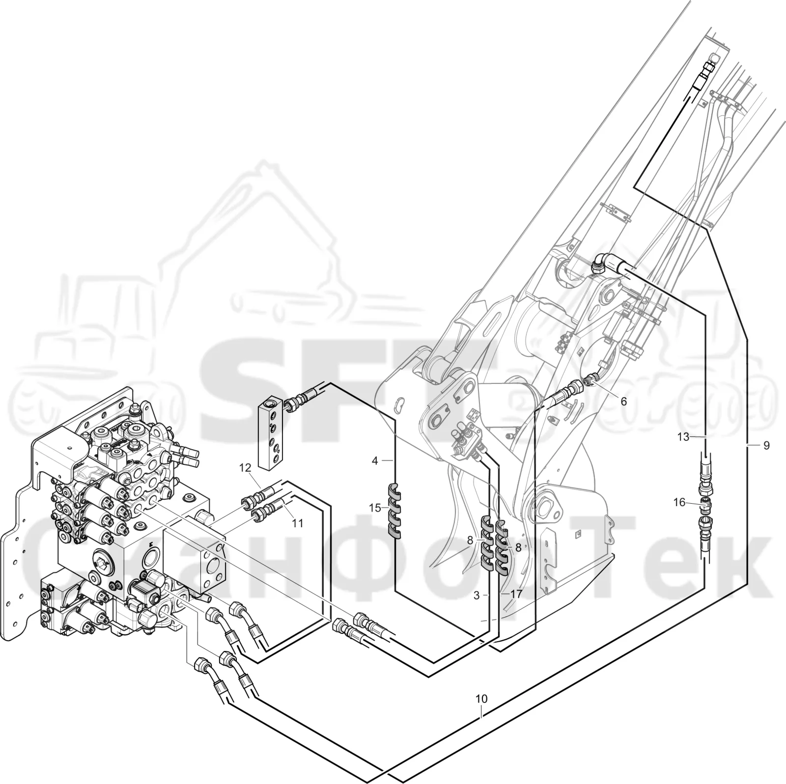 Схема: Komatsu / Лесозаготовительные машины / 951 S/N 9510004367- / Каталог запасных частей / Подъемный кран 270H / Основная стрела / Подвод шланга 10 m