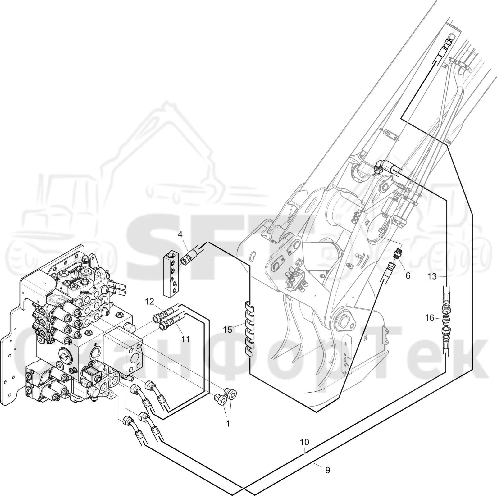Схема: Komatsu / Лесозаготовительные машины / 951 S/N 9510004367- / Каталог запасных частей / Подъемный кран 270H / Основная стрела / Подвод шланга 8,7 m