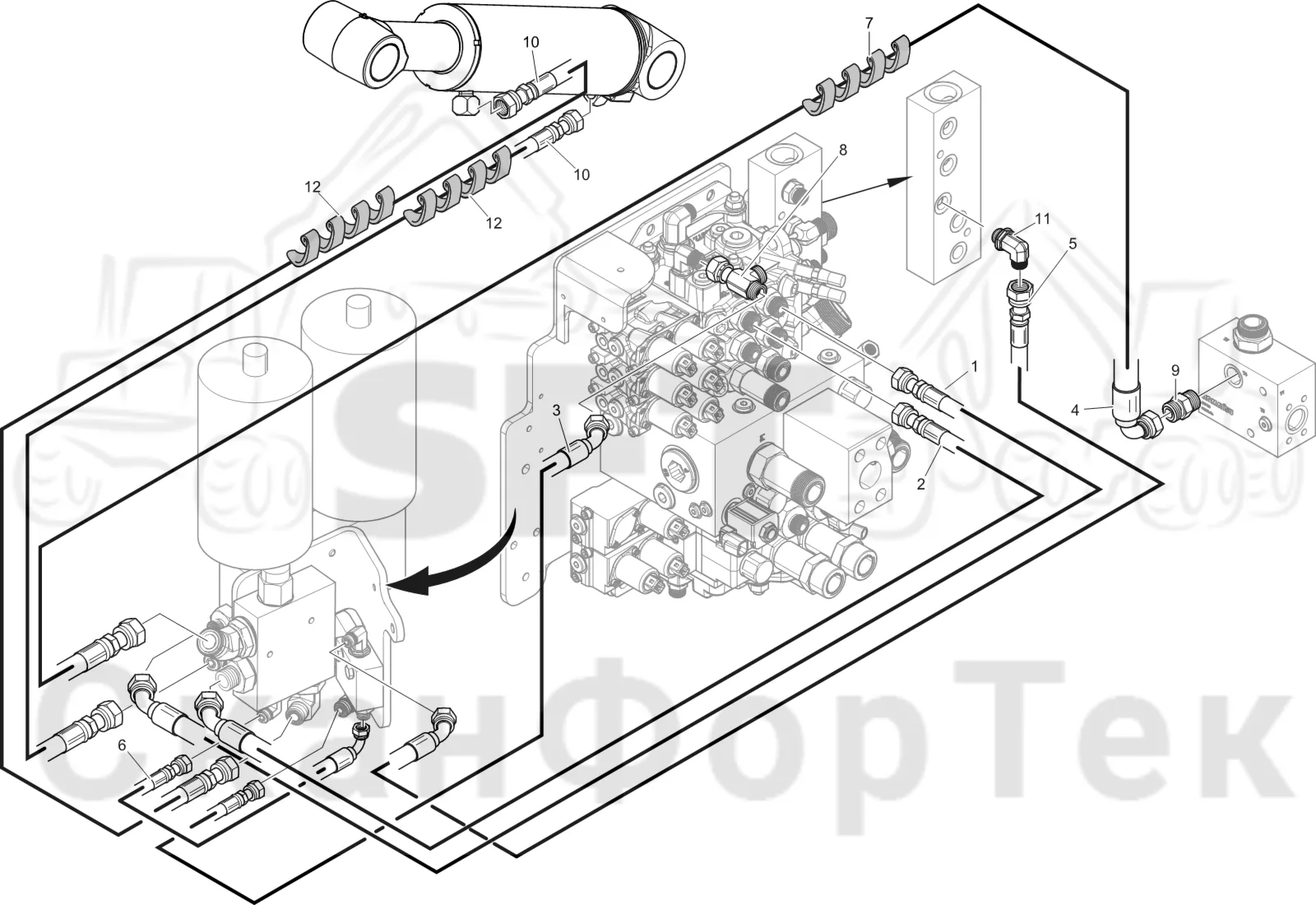 Схема: Komatsu / Лесозаготовительные машины / 951 S/N 9510004367- / Каталог запасных частей / Подъемный кран 270H / Основная стрела / Демпфер подъемного крана