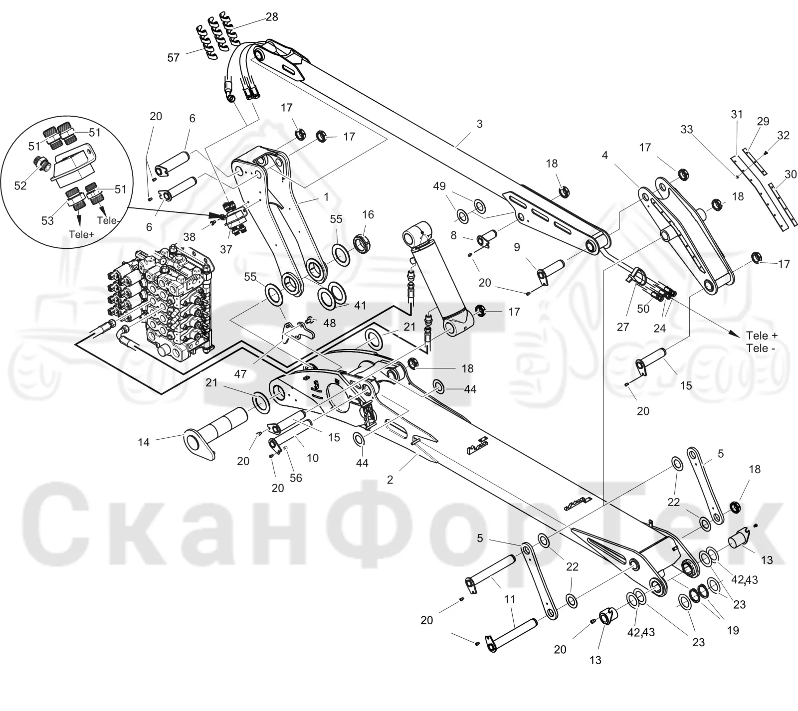 Схема: Komatsu / Лесозаготовительные машины / 951 S/N 9510004367- / Каталог запасных частей / Подъемный кран 270H / Основная стрела / Основная стрела 10 м