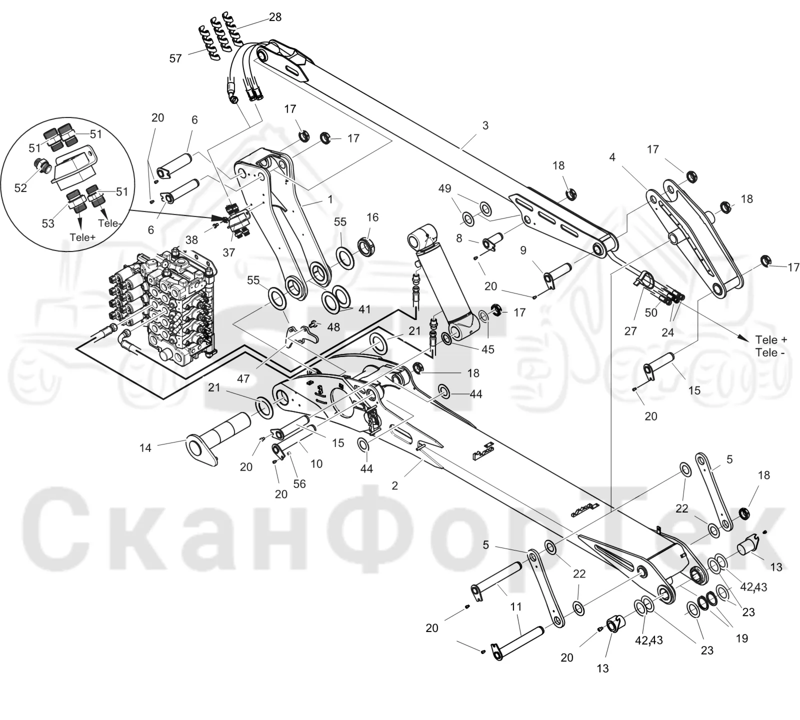 Схема: Komatsu / Лесозаготовительные машины / 951 S/N 9510004367- / Каталог запасных частей / Подъемный кран 270H / Основная стрела / Основная стрела 10 м  9510004501-
