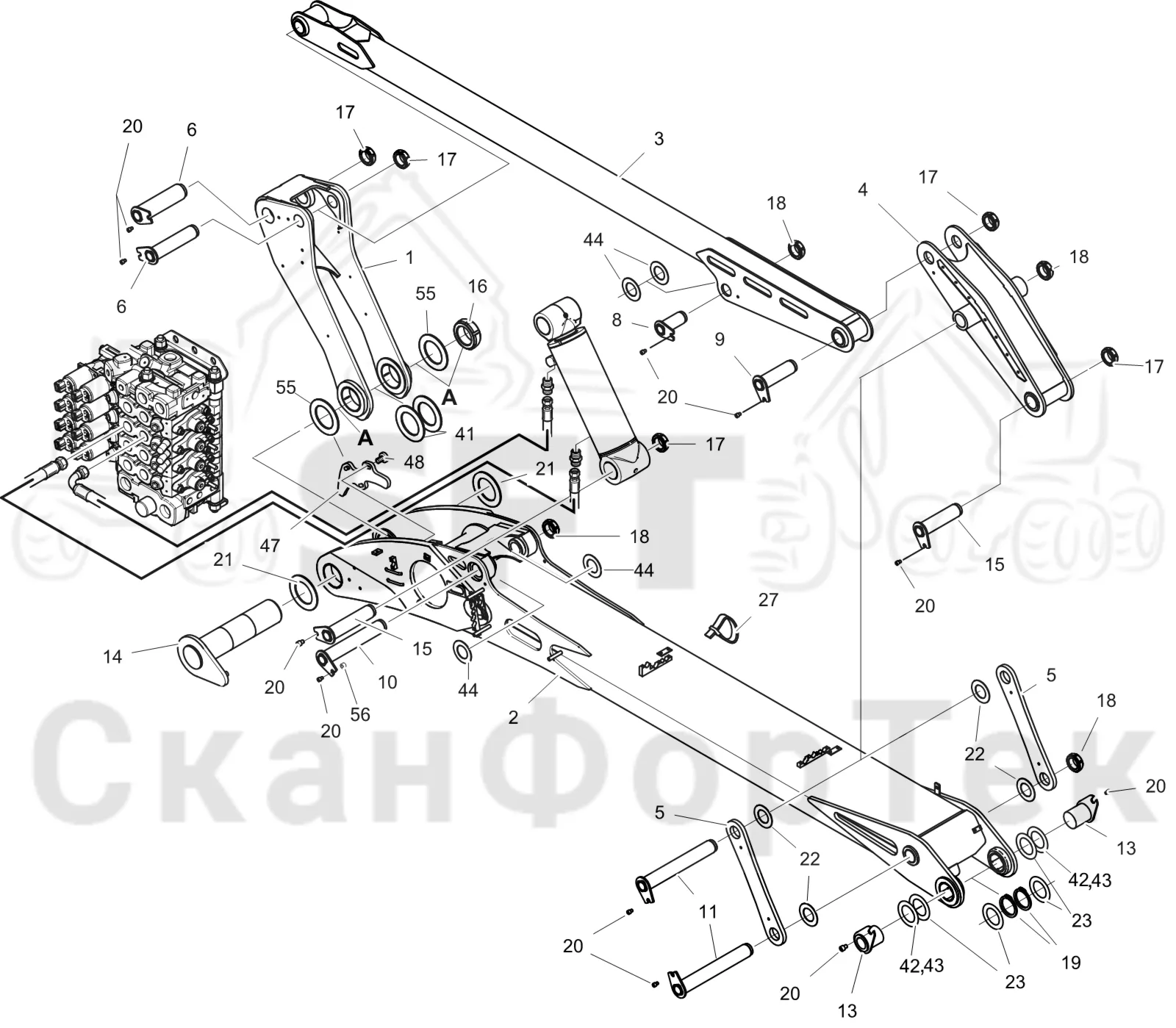 Схема: Komatsu / Лесозаготовительные машины / 951 S/N 9510004367- / Каталог запасных частей / Подъемный кран 270H / Основная стрела / Основная стрела 9510004501-