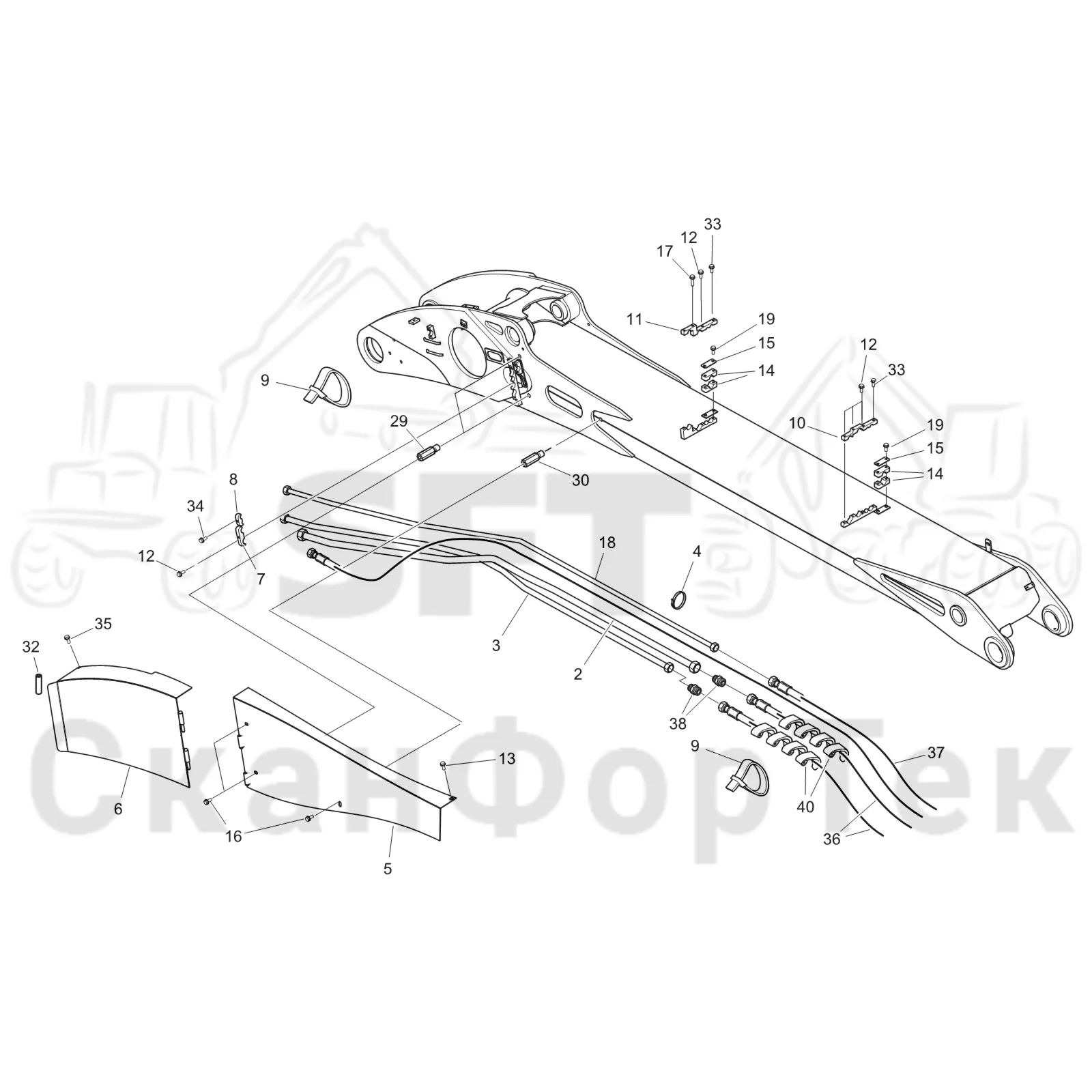 Схема: Komatsu / Лесозаготовительные машины / 951 S/N 9510004367- / Каталог запасных частей / Подъемный кран 270H / Основная стрела / Основная стрела 9510004476-
