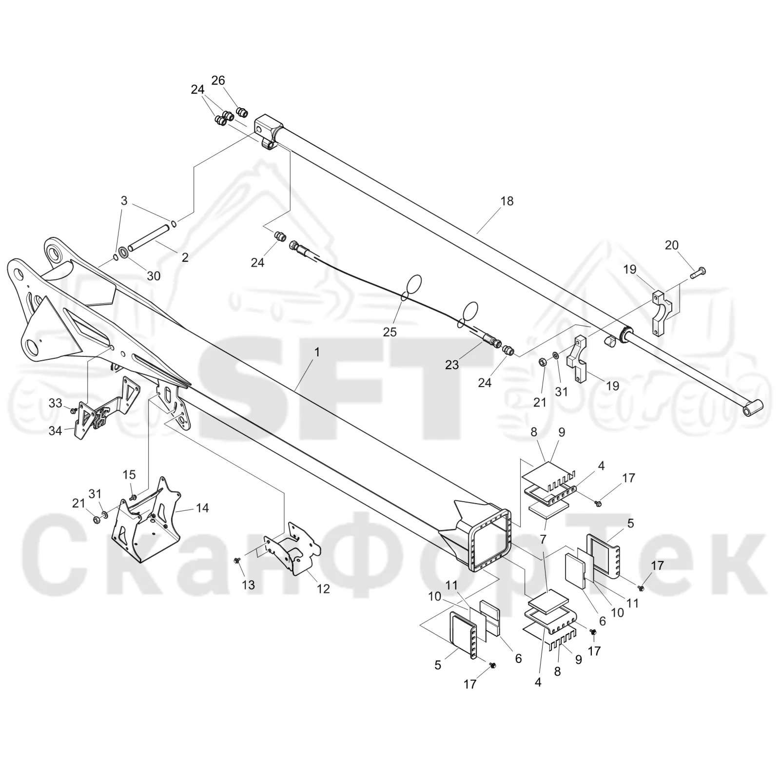 Схема: Komatsu / Лесозаготовительные машины / 951 S/N 9510004367- / Каталог запасных частей / Подъемный кран 270H / Стрела, наружная / Стрела, наружная 10m 9510004476-