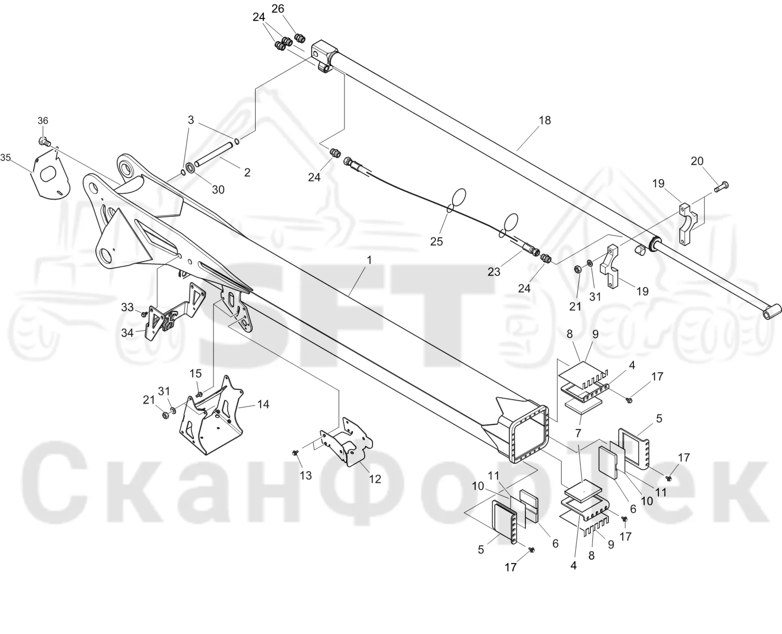 Схема: Komatsu / Лесозаготовительные машины / 951 S/N 9510004367- / Каталог запасных частей / Подъемный кран 270H / Стрела, наружная / Стрела, наружная 10m 9510004501-
