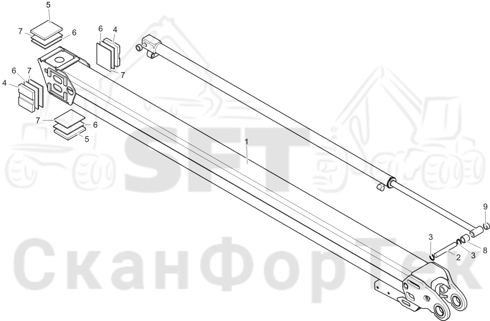 Схема: Komatsu / Лесозаготовительные машины / 951 S/N 9510004367- / Каталог запасных частей / Подъемный кран 270H / Телескопическая стрела / Телескопическая стрела 10m