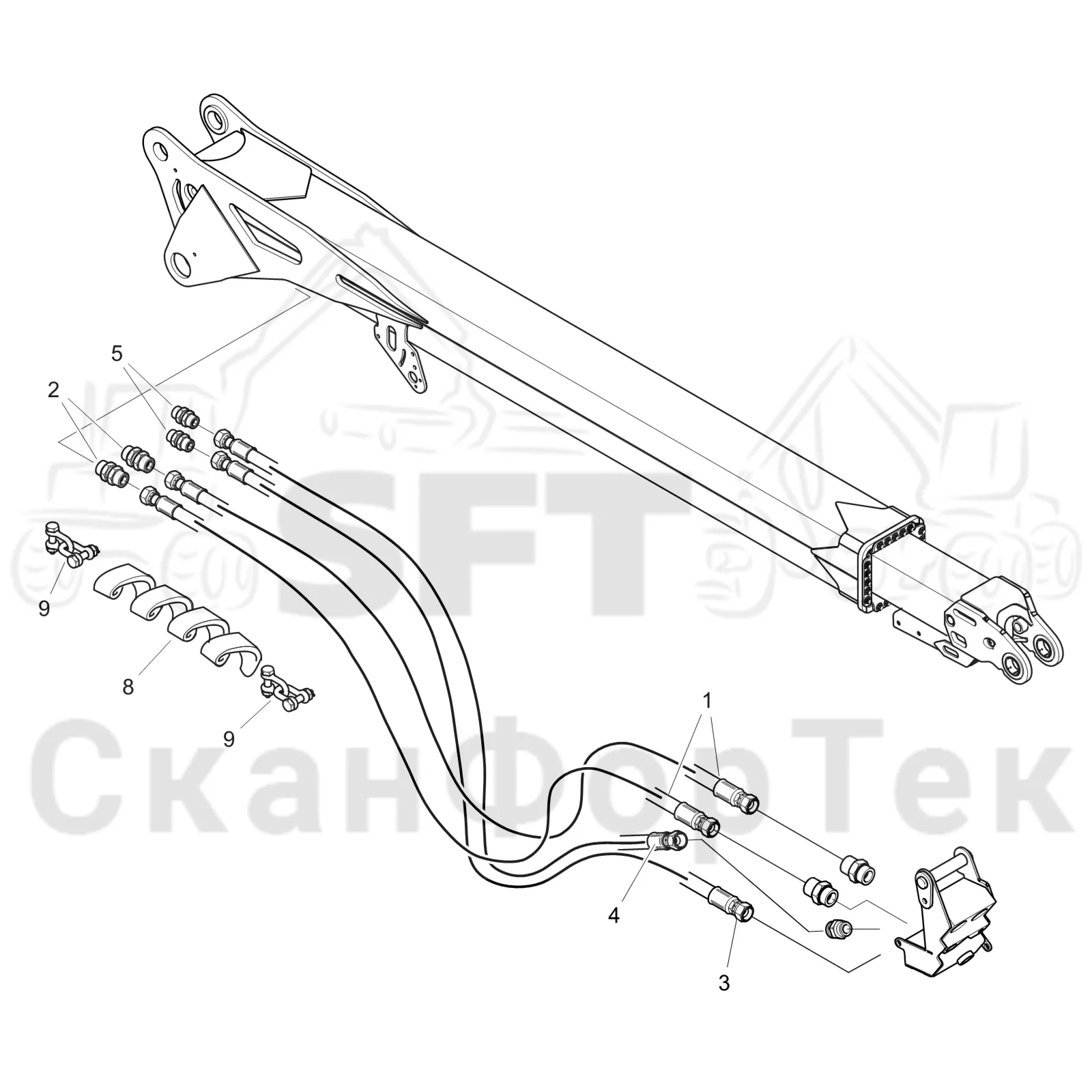 Схема: Komatsu / Лесозаготовительные машины / 951 S/N 9510004367- / Каталог запасных частей / Подъемный кран 270H / Телескопическая стрела / Трубы и шланги 10m 9510004476-