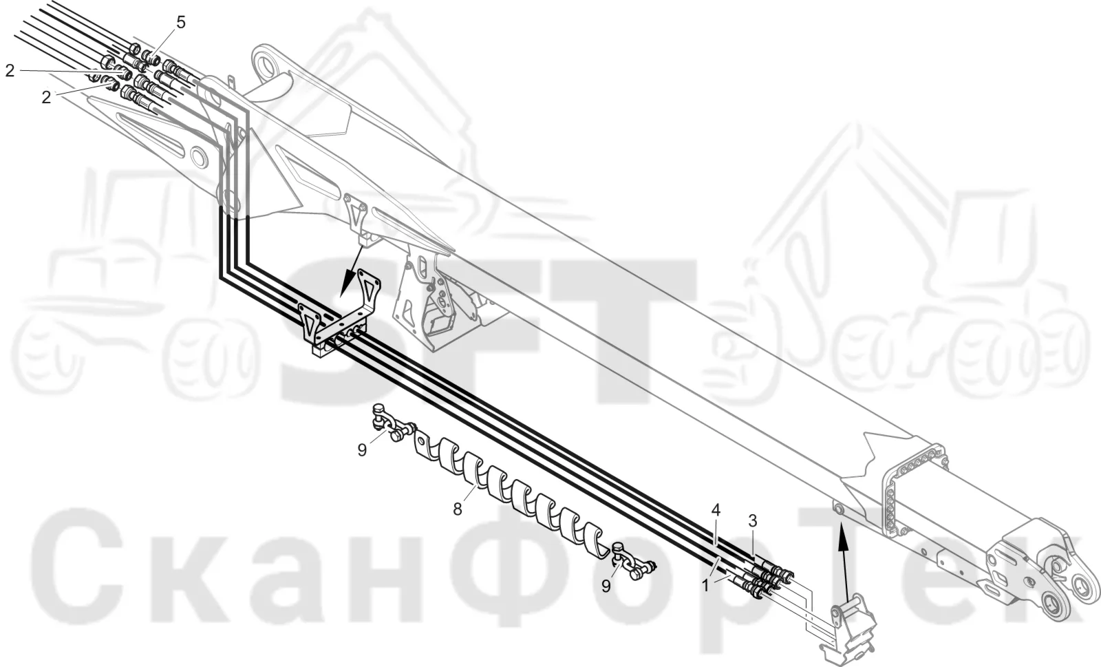 Схема: Komatsu / Лесозаготовительные машины / 951 S/N 9510004367- / Каталог запасных частей / Подъемный кран 270H / Телескопическая стрела / Трубопроводы и шланги 10 m