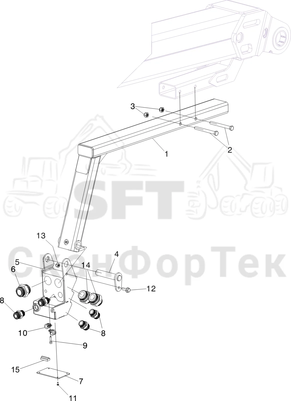 Схема: Komatsu / Лесозаготовительные машины / 931 S/N 9310021067- / Каталог запасных частей / Подъемный кран 230H / Телескопическая стрела / Держатель Габота с несколькими деЂевьями