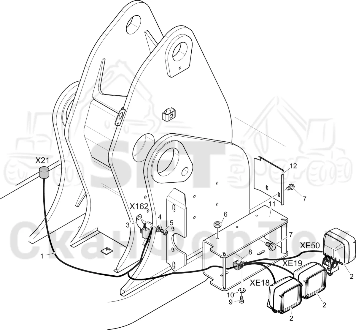 Схема: Komatsu / Лесозаготовительные машины / 951 S/N 9510004367- / Каталог запасных частей / Подъемный кран 270H / Рабочие лампы / Рабочие лампы, галогеновые
