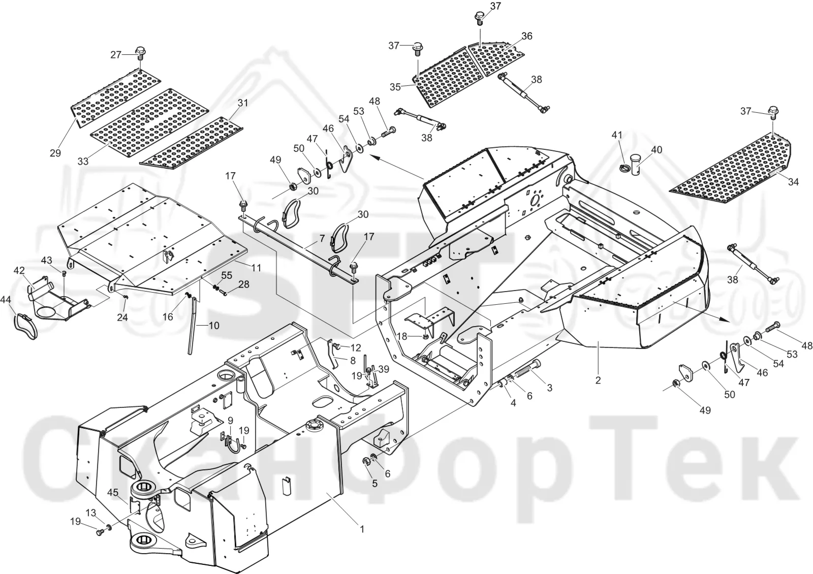 Схема: Komatsu / Лесозаготовительные машины / 901 S/N 9010053267- / Каталог запасных частей / шасси / Рамы / Комплект рамы задний S/N 9010053321-