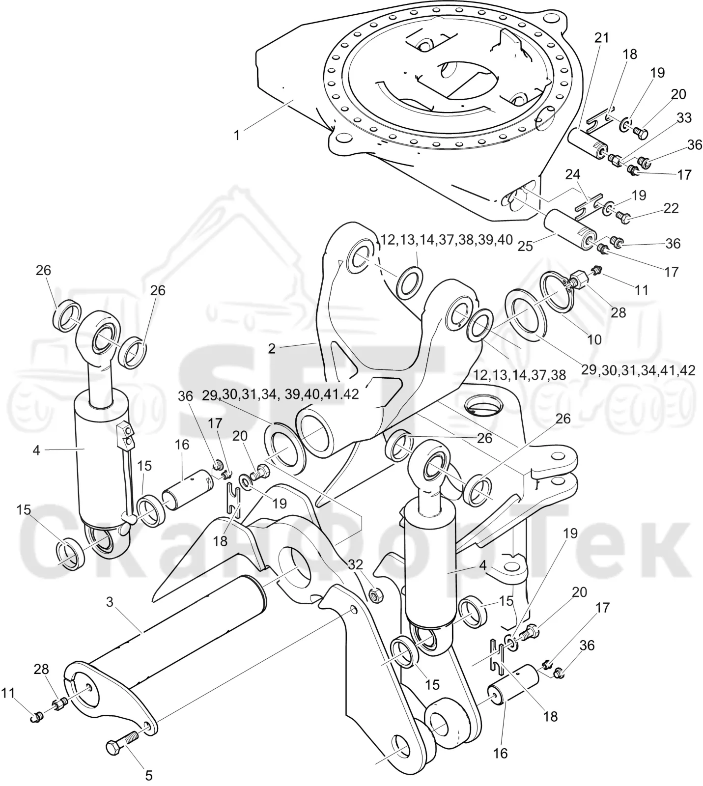 Схема: Komatsu / Лесозаготовительные машины / 911 S/N 9110062167- / Каталог запасных частей / шасси / Оборудование наклона / Механизмы оборудования наклона