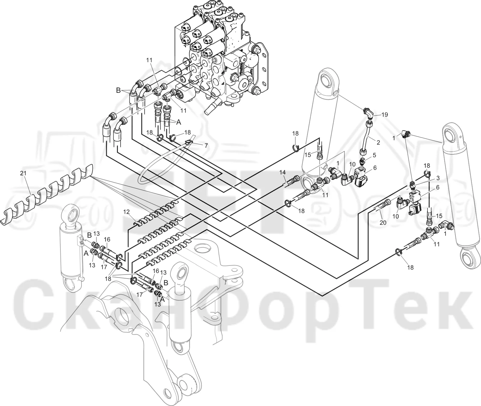 Схема: Komatsu / Лесозаготовительные машины / 901 S/N 9010053267- / Каталог запасных частей / шасси / Оборудование наклона / Гидравлическое оборудование наклона
