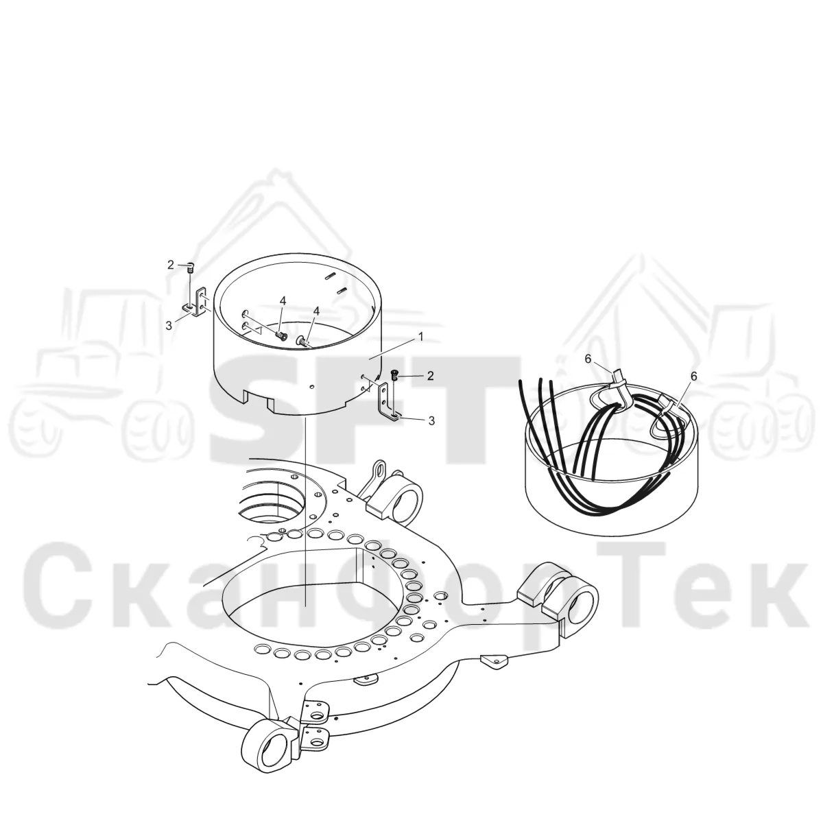 Схема: Komatsu / Лесозаготовительные машины / 901 S/N 9010053267- / Каталог запасных частей / шасси / Оборудование наклона / Прокладка шланга под кабину