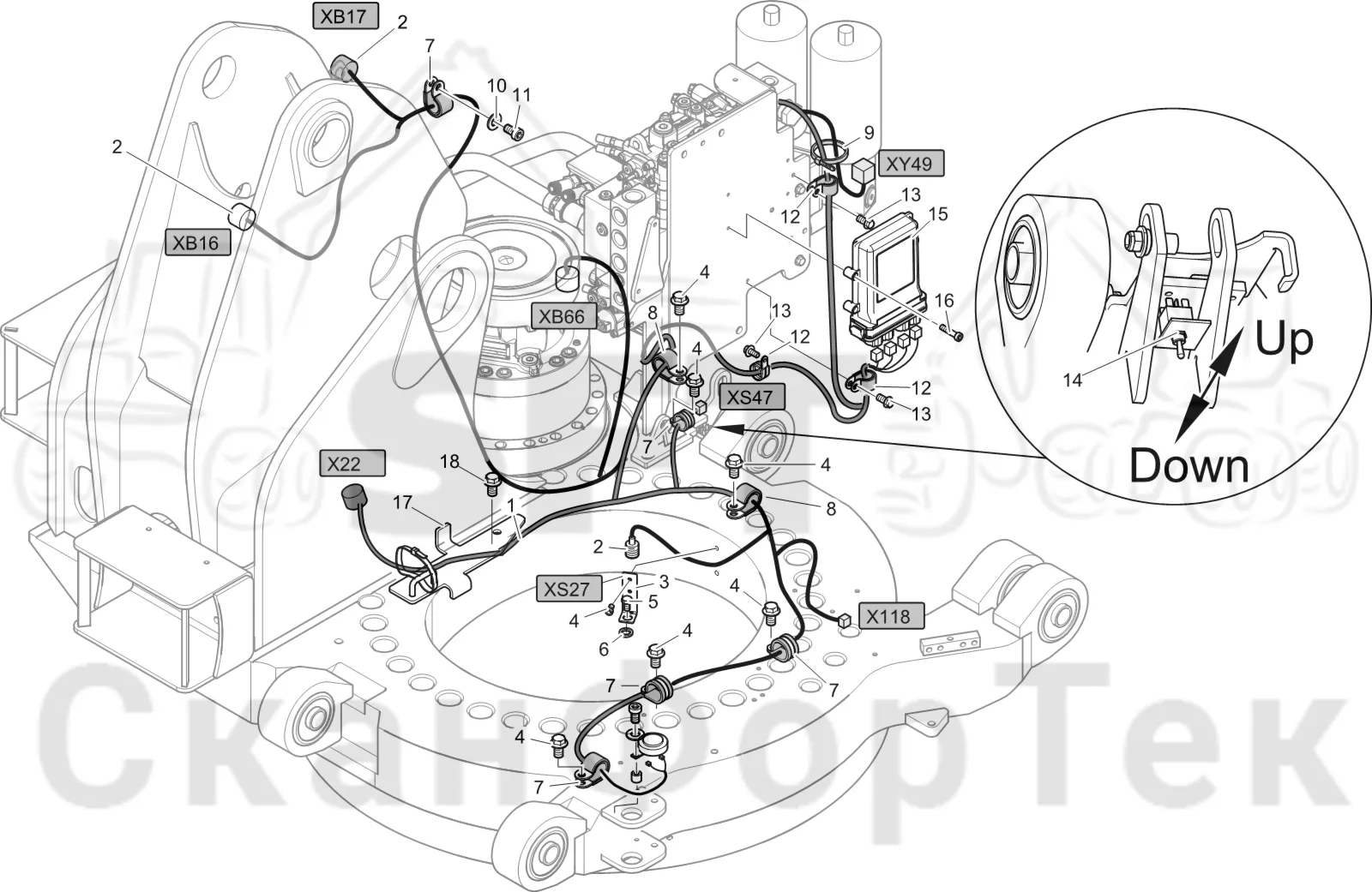 Схема: Komatsu / Лесозаготовительные машины / 911 S/N 9110062167- / Каталог запасных частей / шасси / Оборудование наклона / Комплект электрооборудования наклона