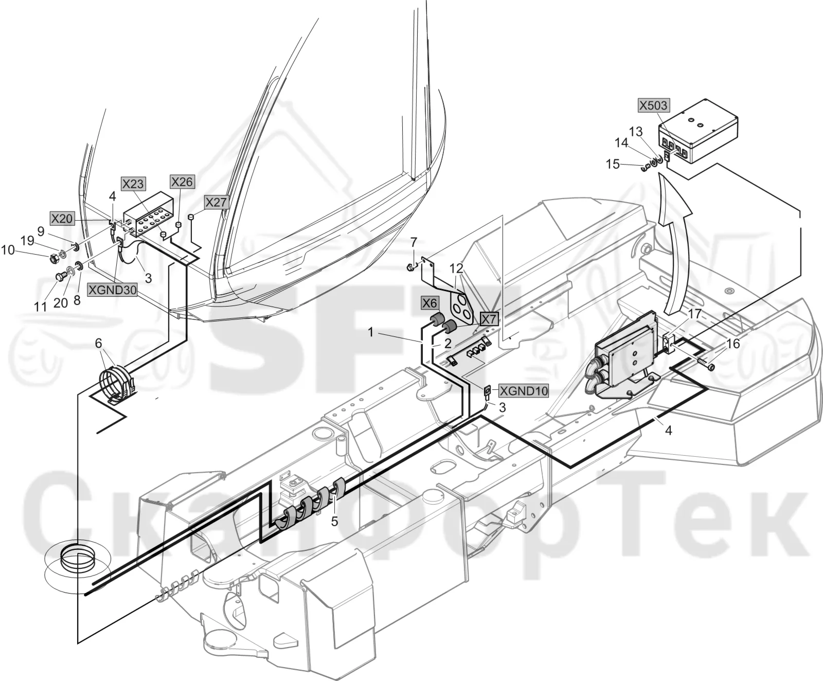 Схема: Komatsu / Лесозаготовительные машины / 911 S/N 9110062167- / Каталог запасных частей / шасси / Электрический Оборудование / Комплект кабелей шасси