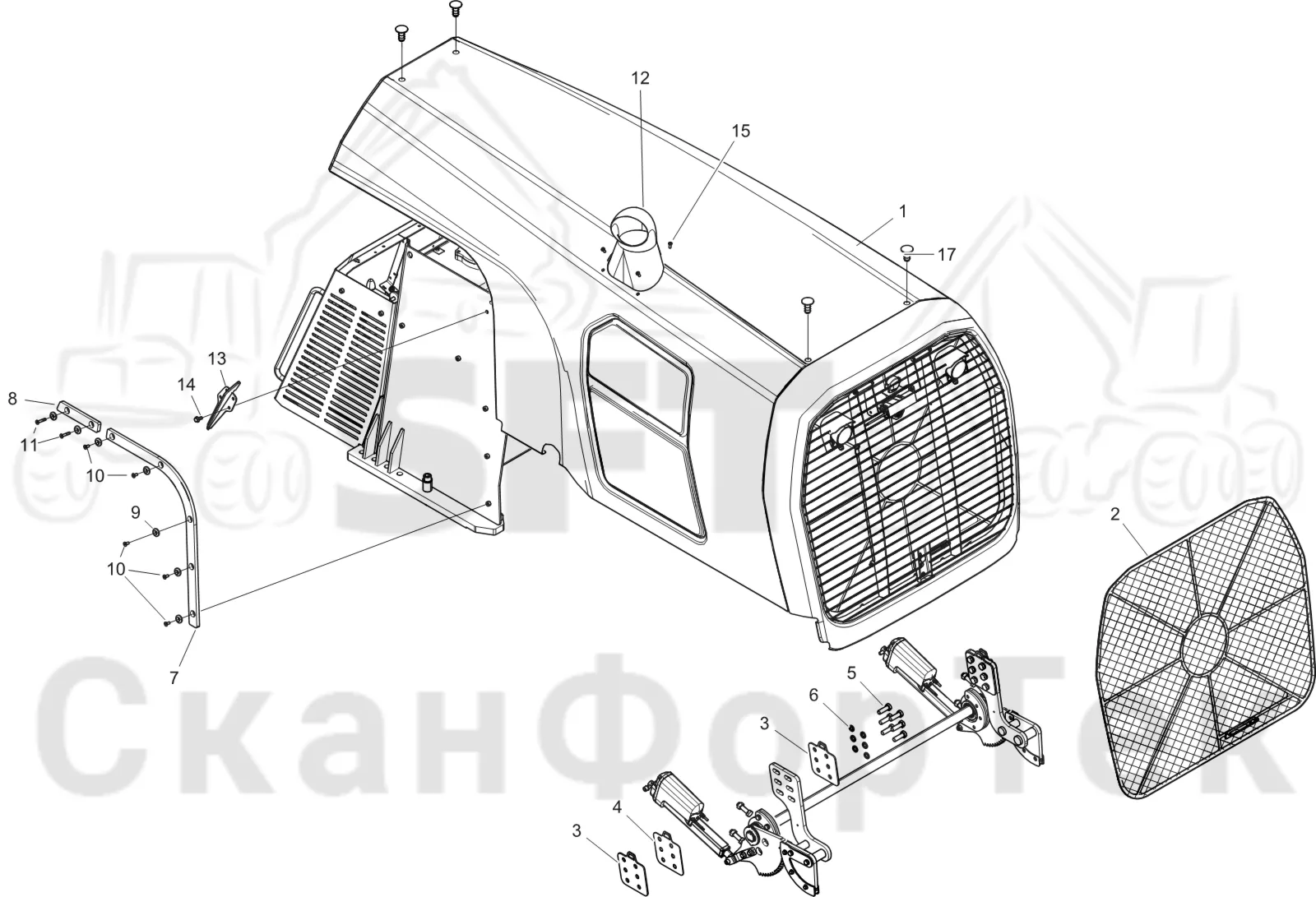 Схема: Komatsu / Лесозаготовительные машины / 911 S/N 9112062167- / Каталог запасных частей / шасси / Капоты / Капот двигателя Крышка