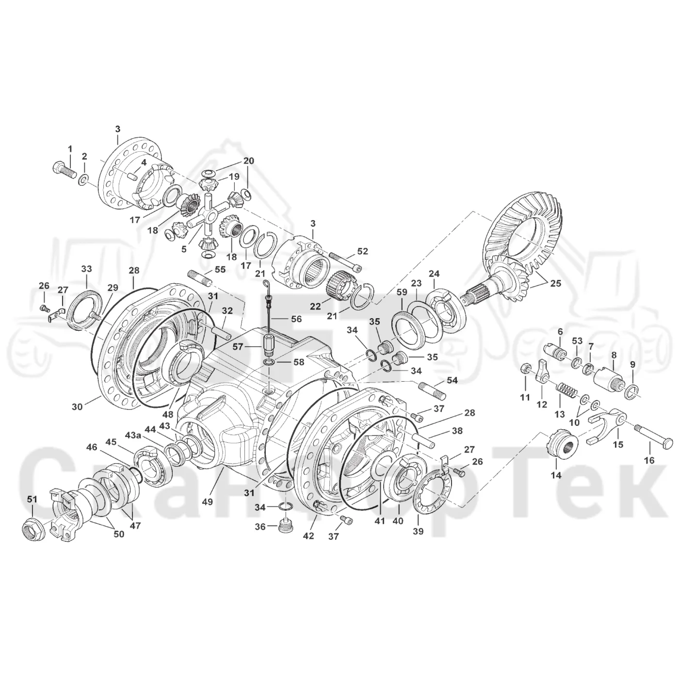 Схема: Komatsu / Форвардер / 840TX / Каталог запасных частей / Коробка передач / Мост каретки / Comfort Bogie / Дифференциал
