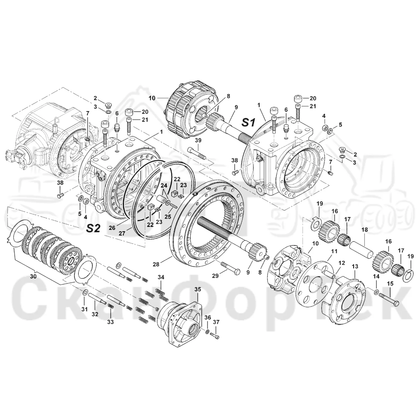 Схема: Komatsu / Лесозаготовительные машины / 901 S/N 9010053267- / Каталог запасных частей / Коробка передач / каретки / каретки Картер ведущего моста