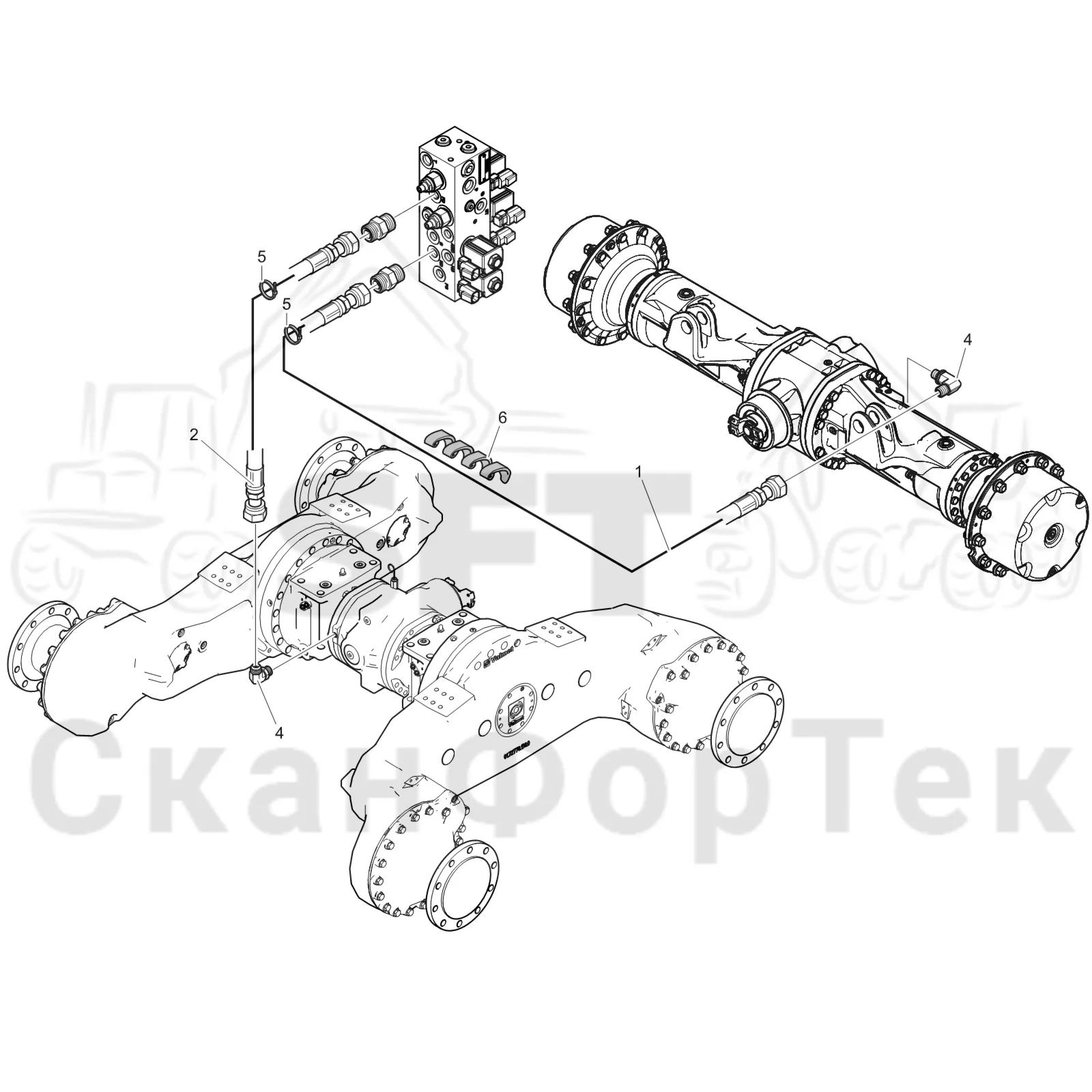 Схема: Komatsu / Лесозаготовительные машины / 911 S/N 9110062167- / Каталог запасных частей / Коробка передач / Блокировка дифференциала / Блокировка дифференциала на 6 колес