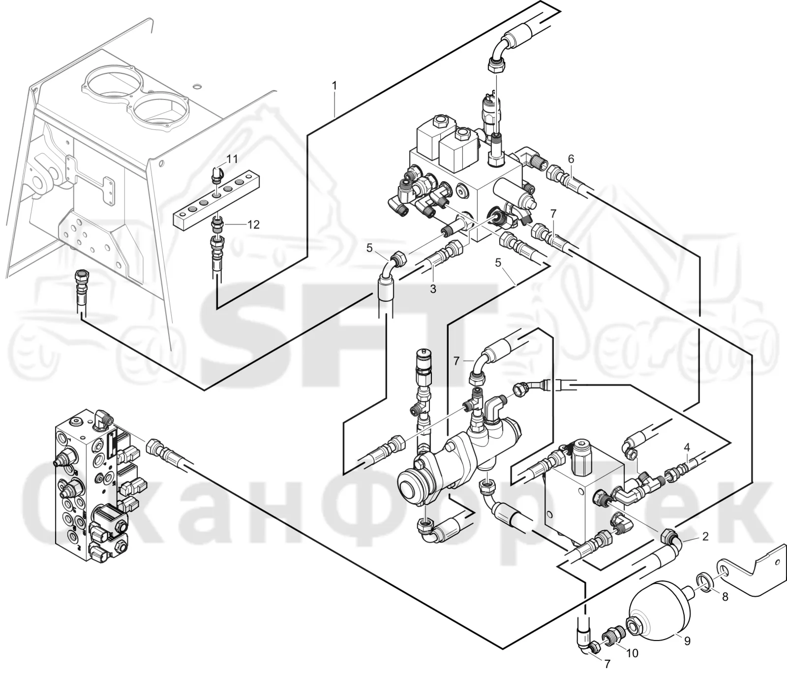 Схема: Komatsu / Лесозаготовительные машины / 931 S/N 9310021067- / Каталог запасных частей / Тормоза / Тормоза на 6 колес / Аккумуляторная батарея