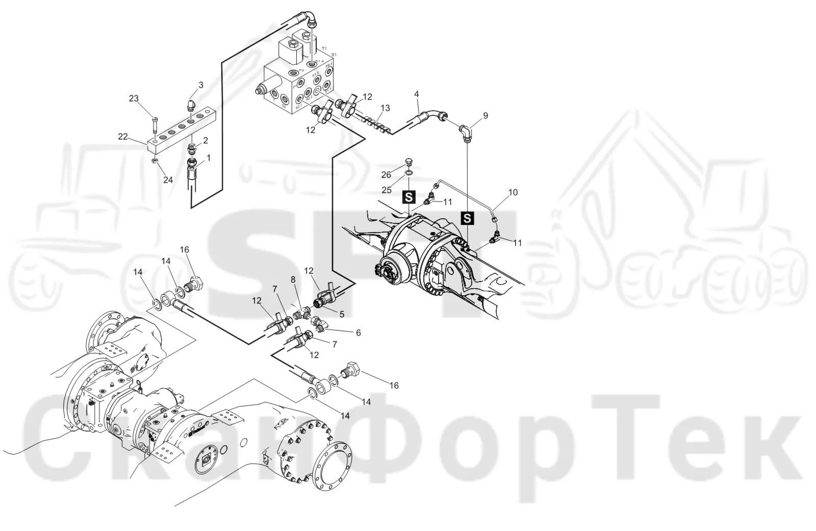 Схема: Komatsu / Лесозаготовительные машины / 901 S/N 9010053267- / Каталог запасных частей / Тормоза / Тормоза на 6 колес / Полноприводная тормозная система на 6 колес гидравлика