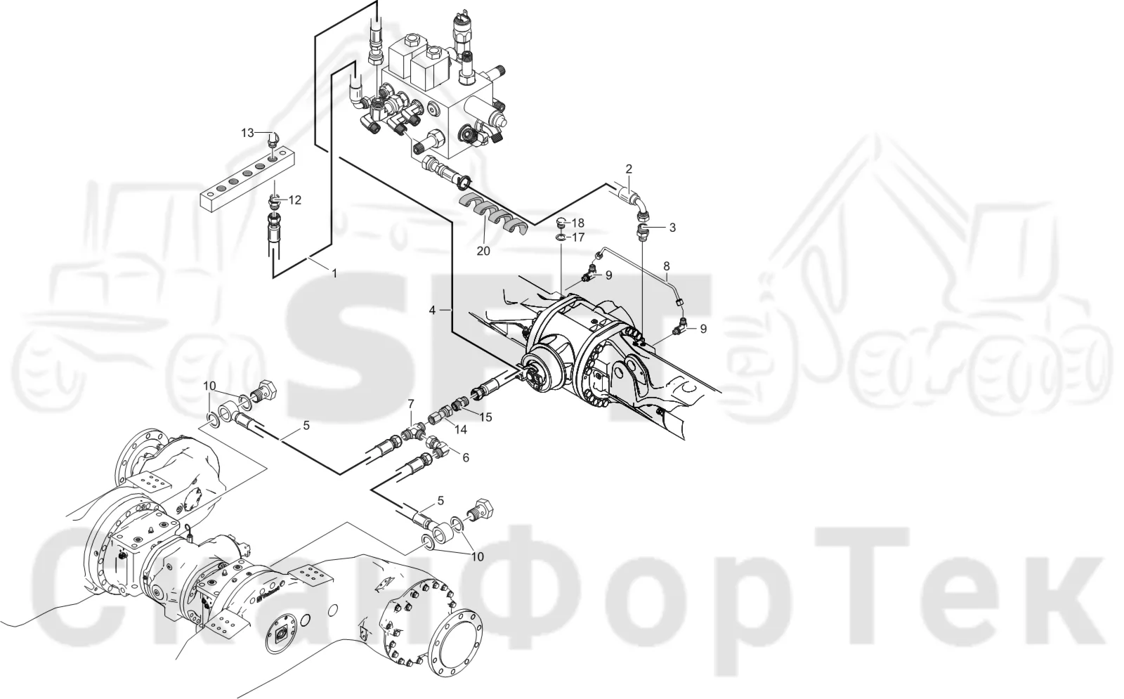 Схема: Komatsu / Лесозаготовительные машины / 911 S/N 9110062167- / Каталог запасных частей / Тормоза / Тормоза на 6 колес / Гидравлический стояночный тормоз на 6 колес