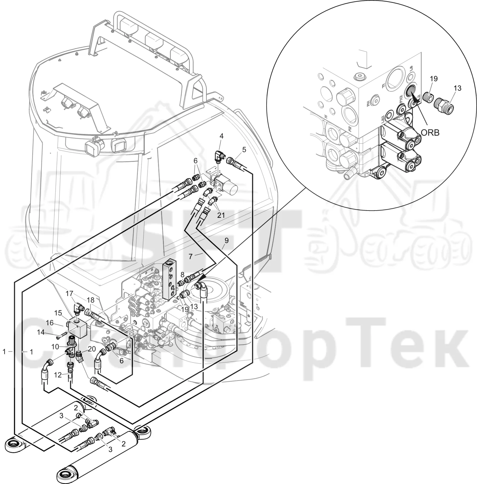 Схема: Komatsu / Лесозаготовительные машины / 901 S/N 9010053267- / Каталог запасных частей / Рулевое управление / Рулевое управление Orbitrol / Гидравлическое оборудование рулевого управления Orbitrol