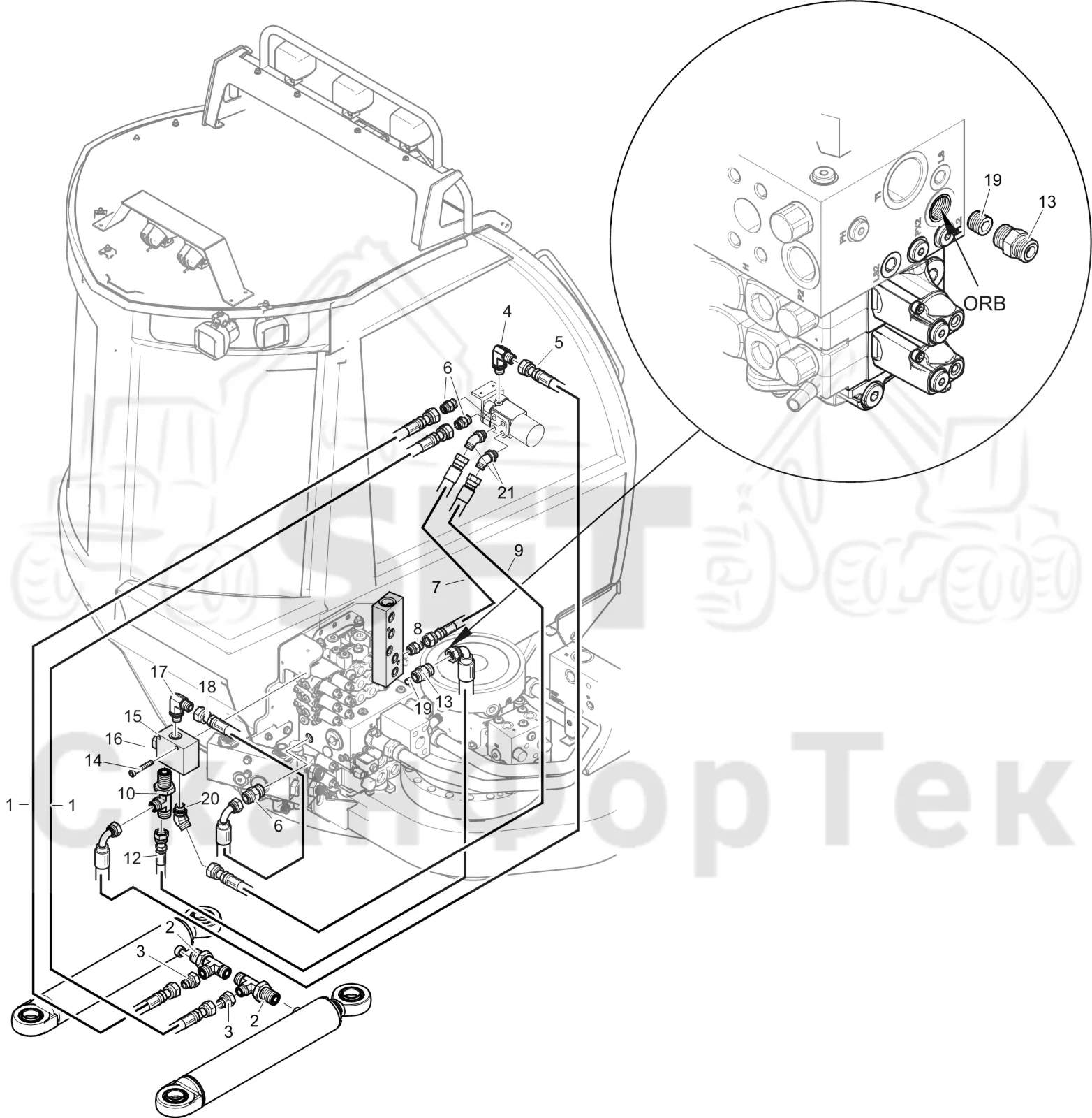 Схема: Komatsu / Лесозаготовительные машины / 901 S/N 9010053267- / Каталог запасных частей / Рулевое управление / Рулевое управление Orbitrol / Гидравлическое оборудование рулевого управления Orbitrol 9010053441-