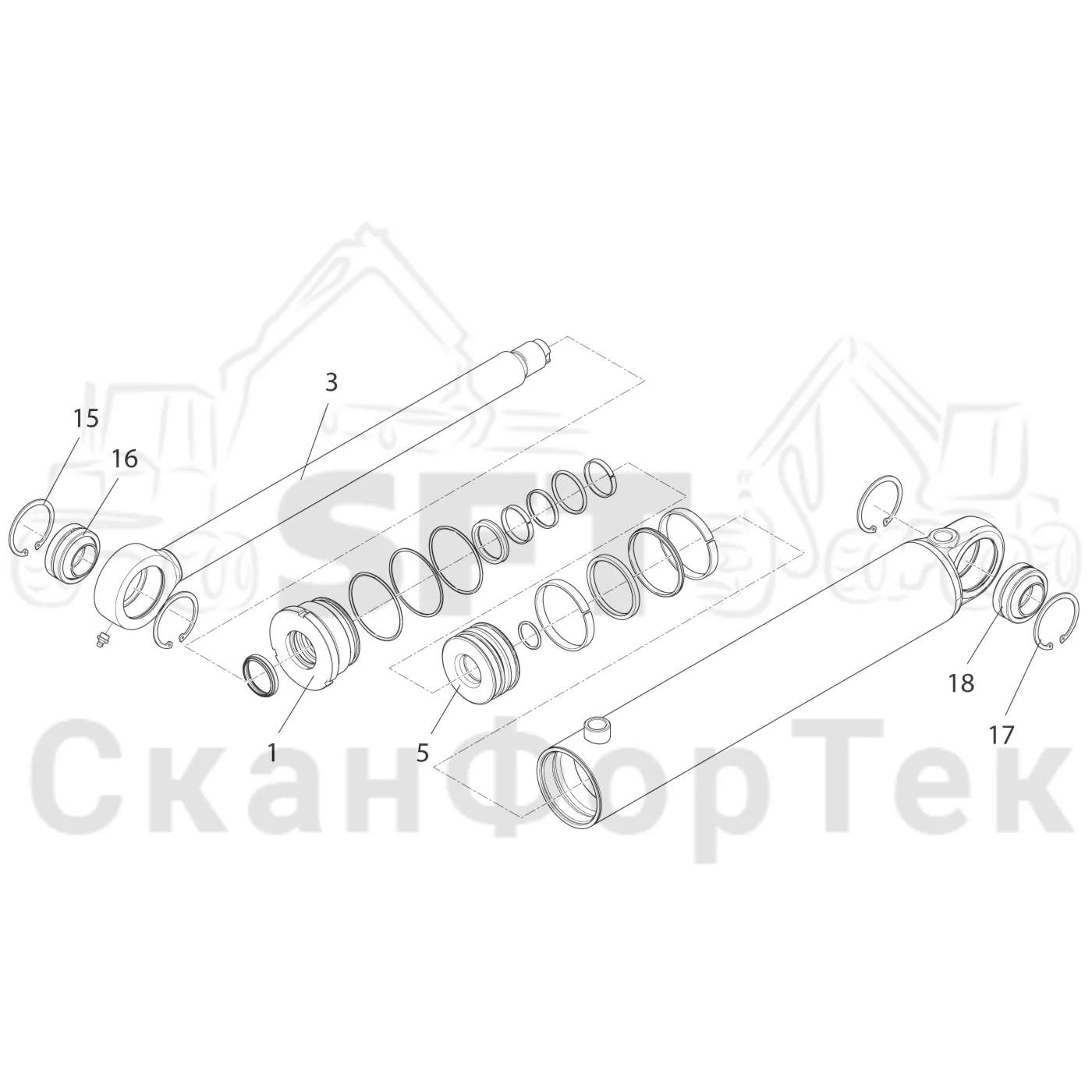 Схема: Komatsu / Лесозаготовительные машины / 901 S/N 9010053267- / Каталог запасных частей / Рулевое управление / Гидравлическое оборудование рулевого управления движением по грунту / Запасные части цилиндров рулевого управления