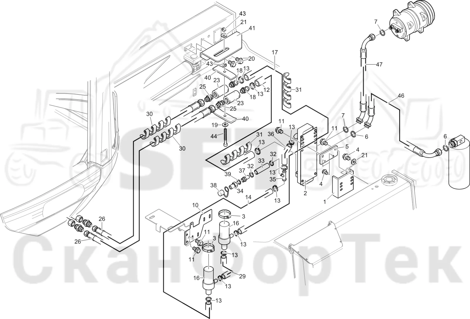 Схема: Komatsu / Лесозаготовительные машины / 901 S/N 9010053267- / Каталог запасных частей / Кабина / Система обогрева и охлаждения / Охлаждение кабины