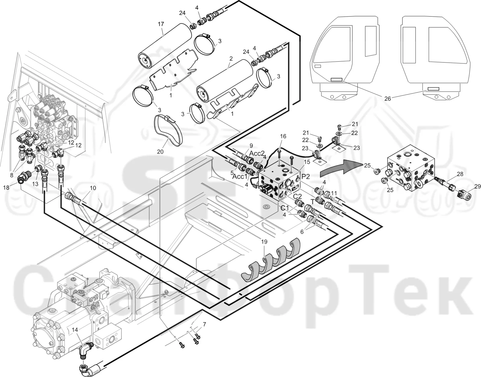 Схема: Komatsu / Лесозаготовительные машины / 911 S/N 9112062167- / Каталог запасных частей / Кабина / подвеска кабины / подвеска кабины