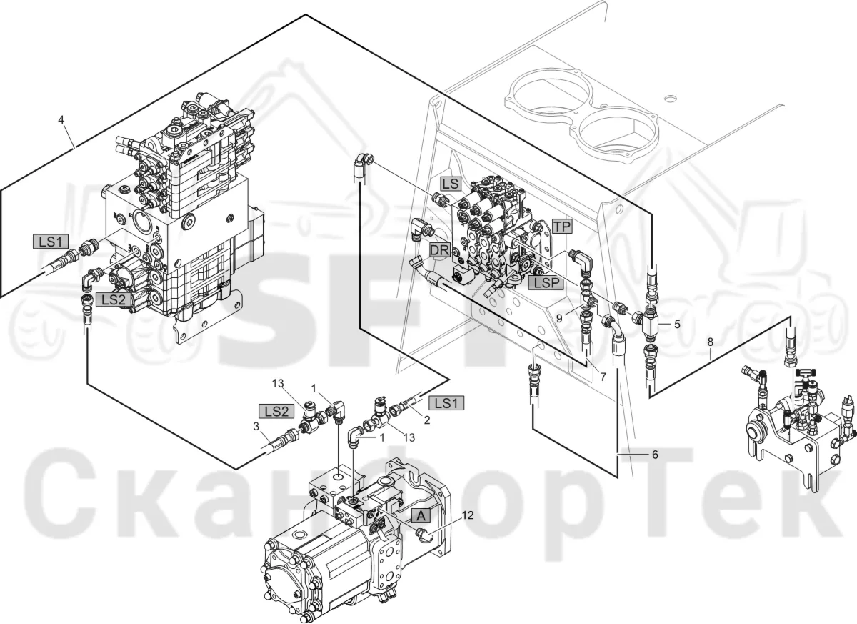 Схема: Komatsu / Лесозаготовительные машины / 911 S/N 9110062167- / Каталог запасных частей / Гидравлика / Гидравлические насосы / Сигнал LS линии гидравлики