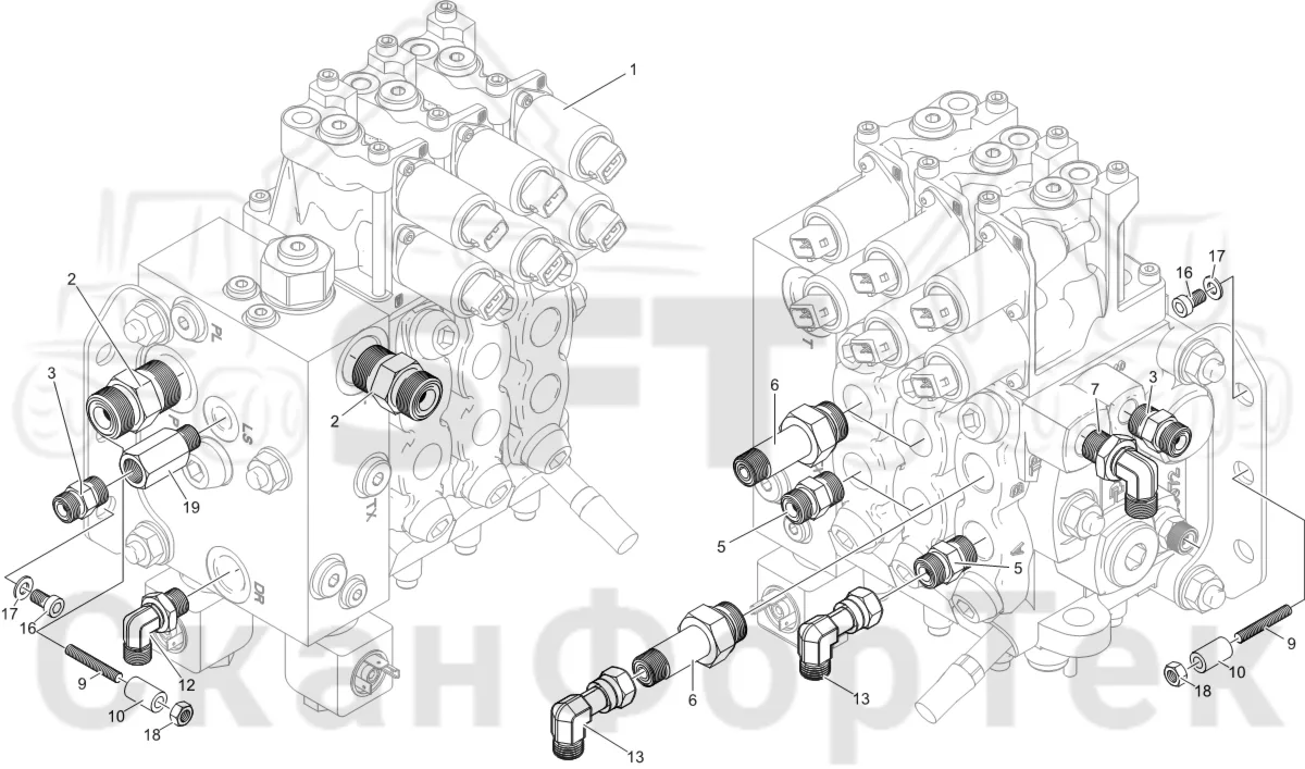 Схема: Komatsu / Лесозаготовительные машины / 911 S/N 9110062167- / Каталог запасных частей / Гидравлика / Клапан шасси / Клапан шасси