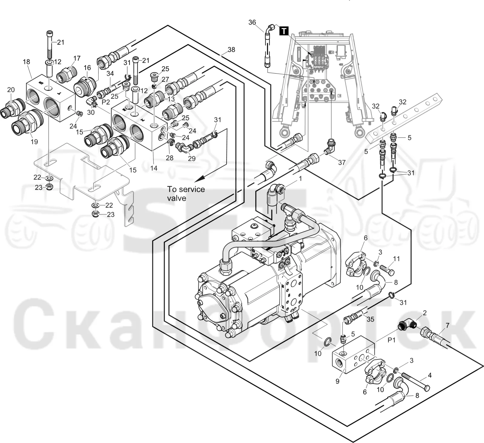 Схема: Komatsu / Лесозаготовительные машины / 911 S/N 9110062167- / Каталог запасных частей / Гидравлика / Клапан шасси / Система впуска-выпуска