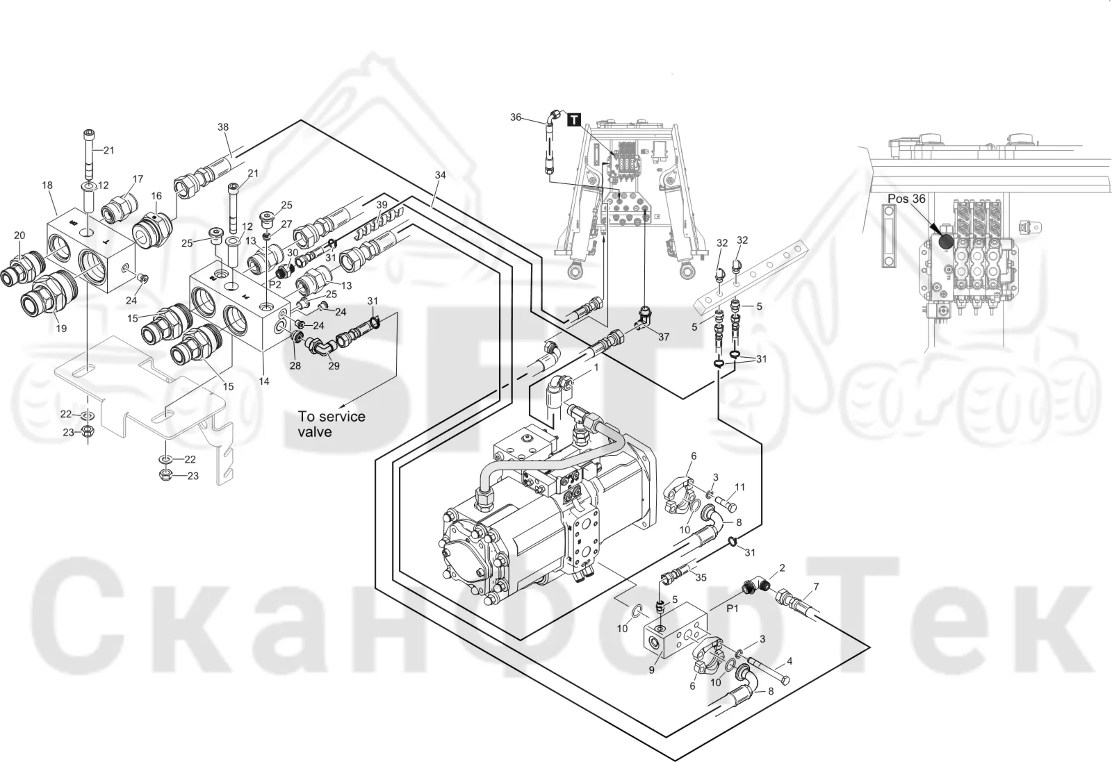 Схема: Komatsu / Лесозаготовительные машины / 901 S/N 9010053267- / Каталог запасных частей / Гидравлика / Клапан шасси / Система впуска-выпуска 9010053394-