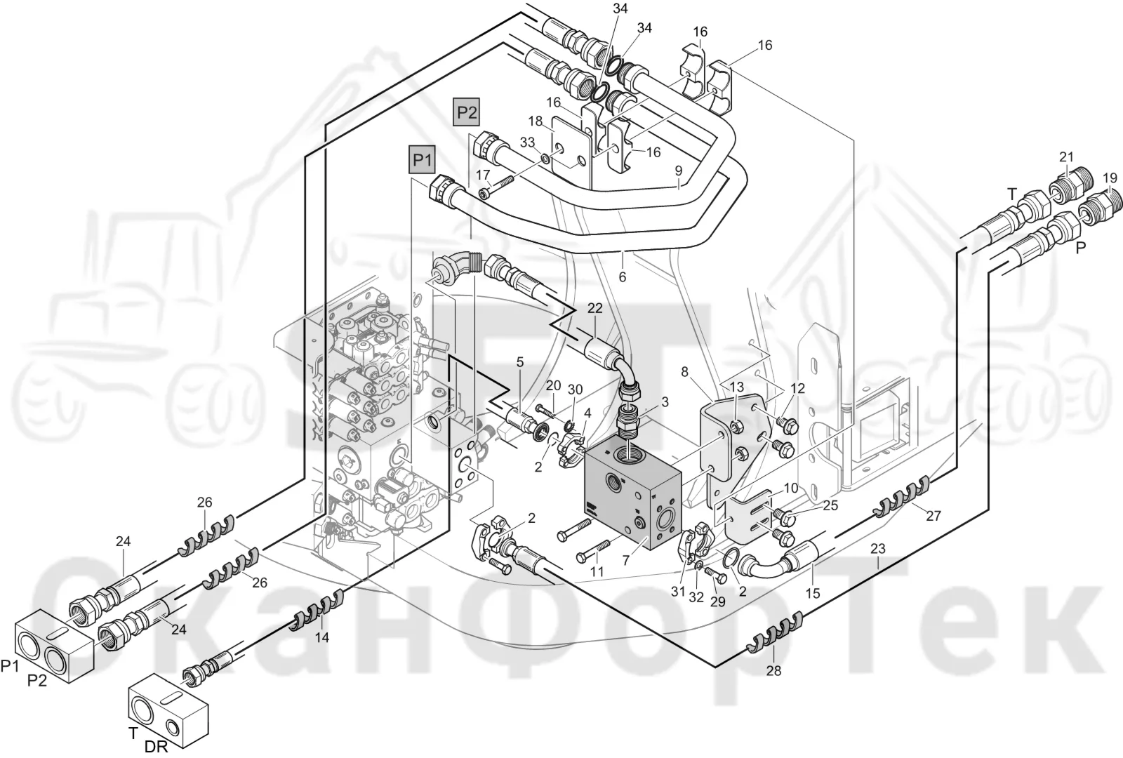 Схема: Komatsu / Лесозаготовительные машины / 911 S/N 9110062167- / Каталог запасных частей / Гидравлика / Клапан подъемного крана / Система впуска-выпуска