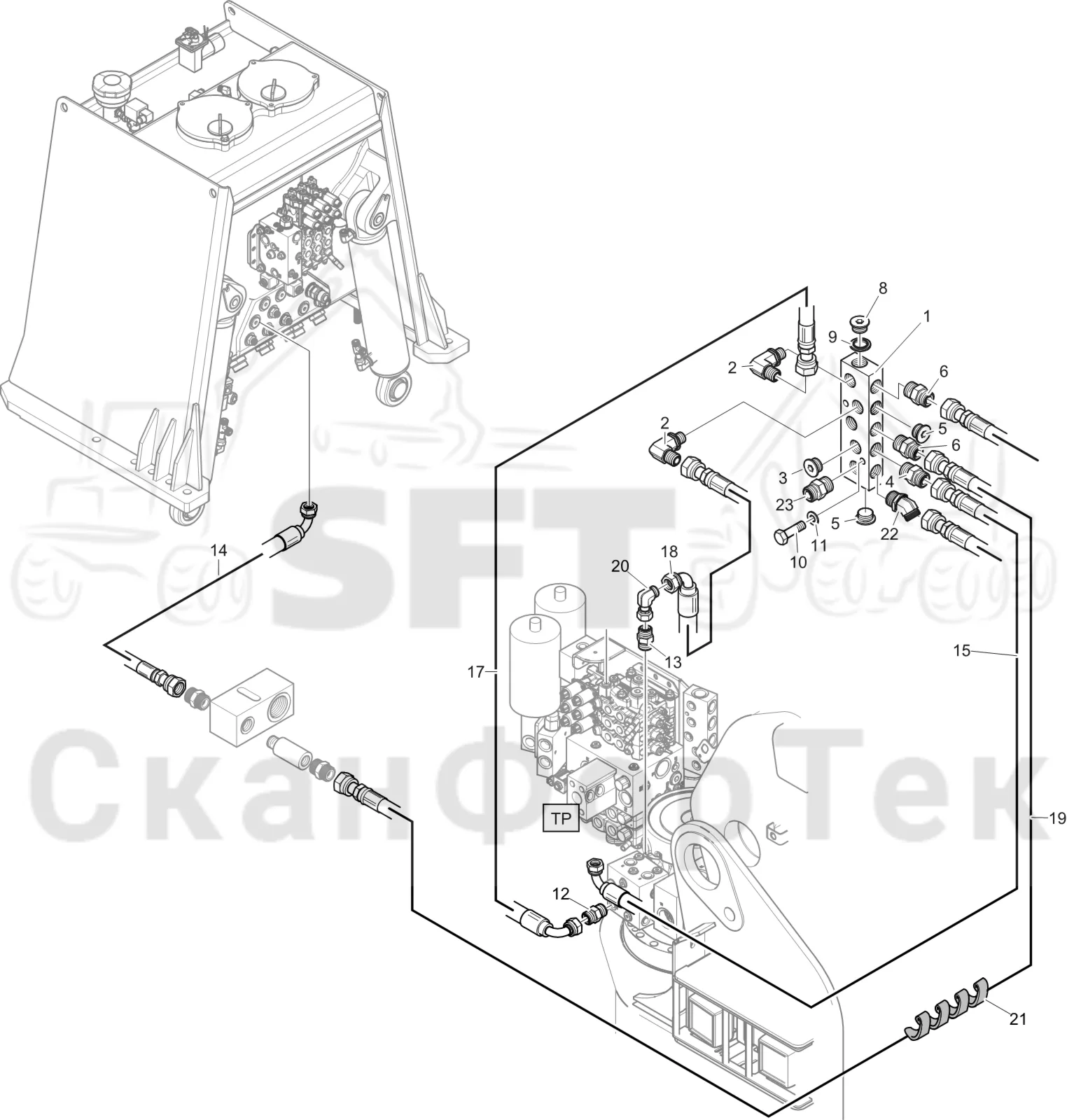 Схема: Komatsu / Лесозаготовительные машины / 911 S/N 9110062167- / Каталог запасных частей / Гидравлика / Клапан подъемного крана / Дренаж