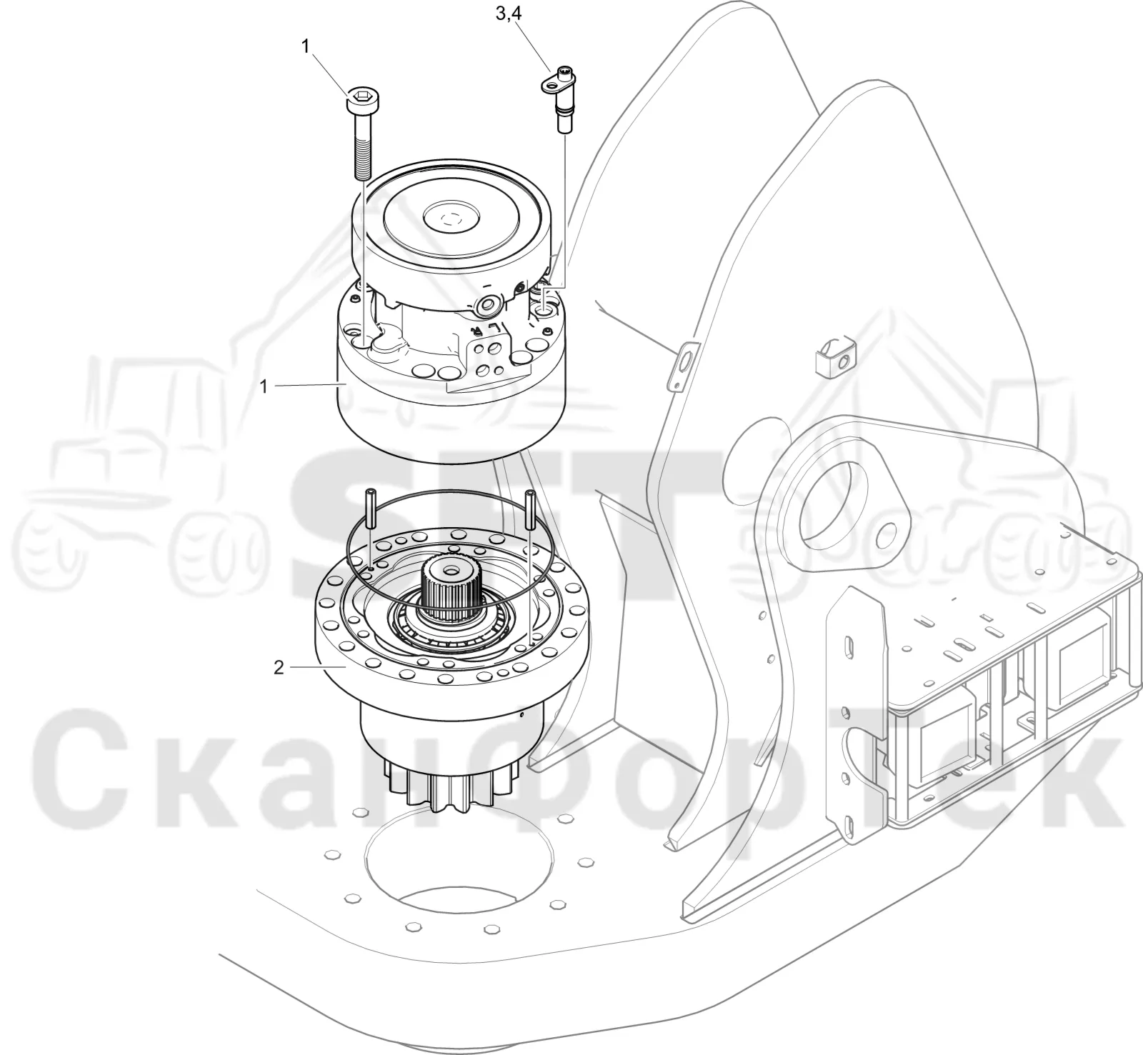 Схема: Komatsu / Лесозаготовительные машины / 901 S/N 9010053267- / Каталог запасных частей / Подъемный кран 200H / Поворотное оборудование кабины / Поворотный механизм