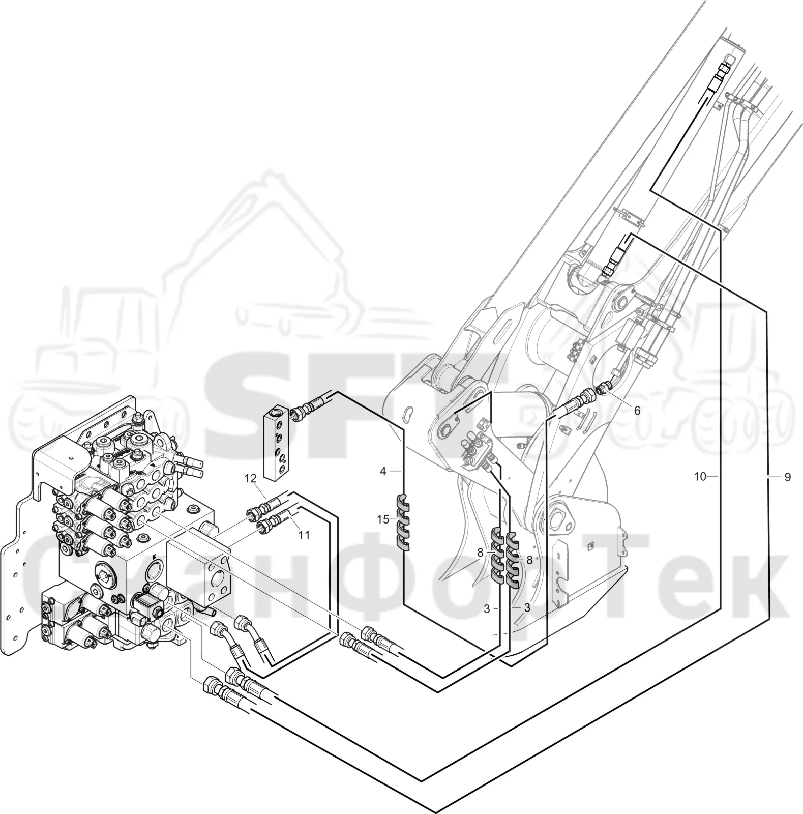 Схема: Komatsu / Лесозаготовительные машины / 911 S/N 9110062167- / Каталог запасных частей / Подъемный кран 200H / Основная стрела / Подвод шланга