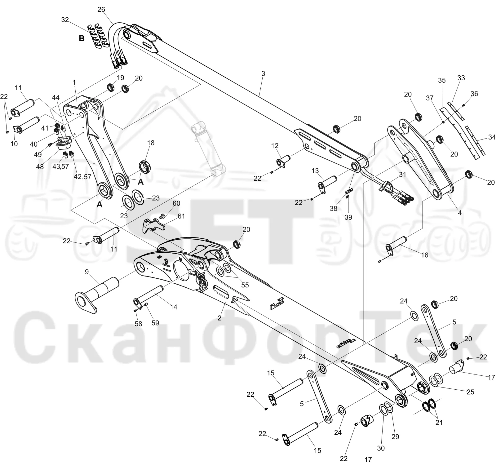Схема: Komatsu / Лесозаготовительные машины / 901 S/N 9010053267- / Каталог запасных частей / Подъемный кран 200H / Основная стрела / Основная стрела