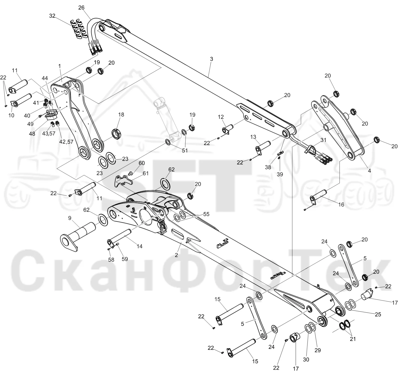 Схема: Komatsu / Лесозаготовительные машины / 901 S/N 9010053267- / Каталог запасных частей / Подъемный кран 200H / Основная стрела / Основная стрела S/N 9010053321-