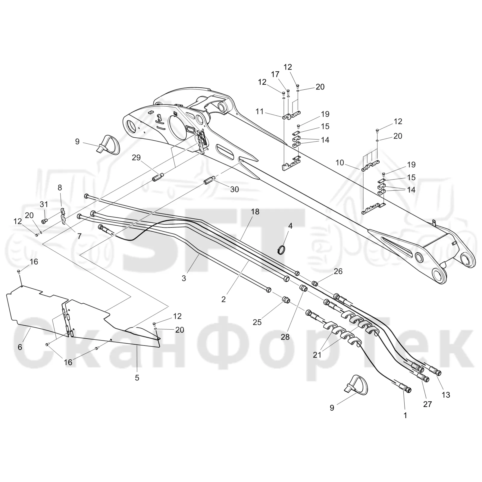 Схема: Komatsu / Лесозаготовительные машины / 901 S/N 9010053267- / Каталог запасных частей / Подъемный кран 200H / Основная стрела / Основная стрела. Гидравлика. 9010053411-