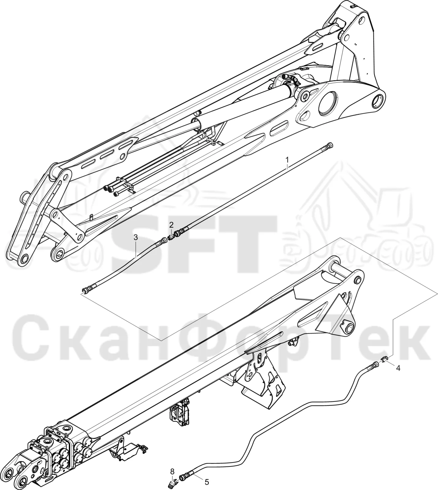 Схема: Komatsu / Лесозаготовительные машины / 901 S/N 9010053267- / Каталог запасных частей / Подъемный кран 200H / Основная стрела / Корчевка пней Гидравлика DT