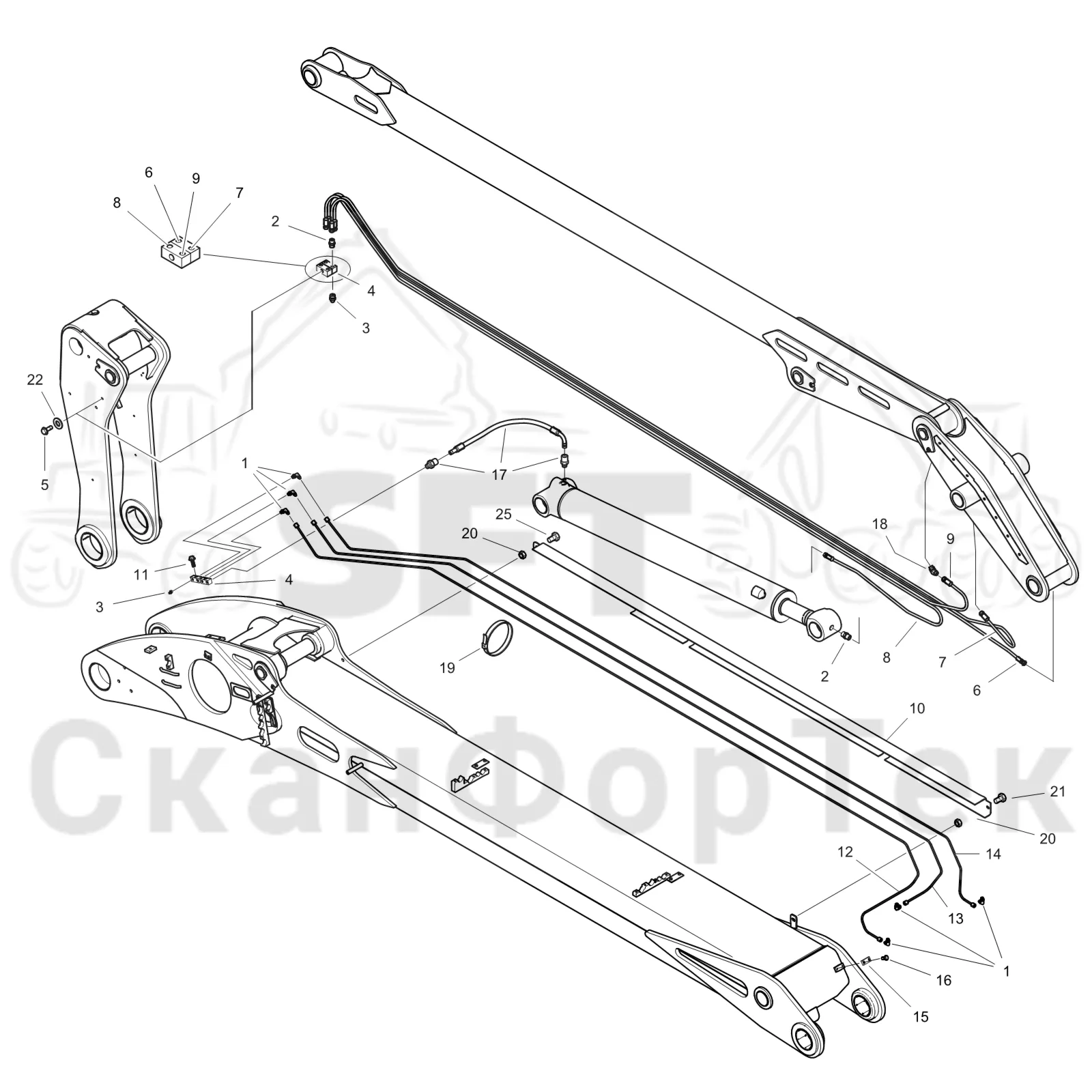 Схема: Komatsu / Лесозаготовительные машины / 901 S/N 9010053267- / Каталог запасных частей / Подъемный кран 200H / Основная стрела / Центральная смазка